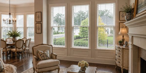 Cozy living room with large windows, classic furniture, and elegant decor.