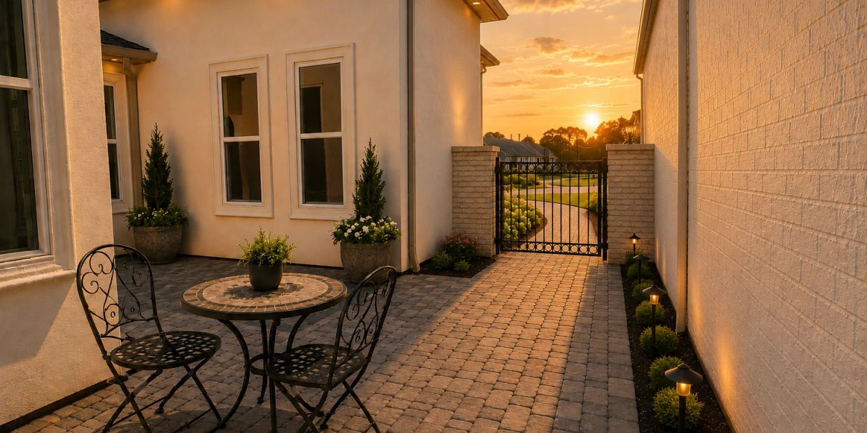 Cozy patio with a small table and chairs at sunset.