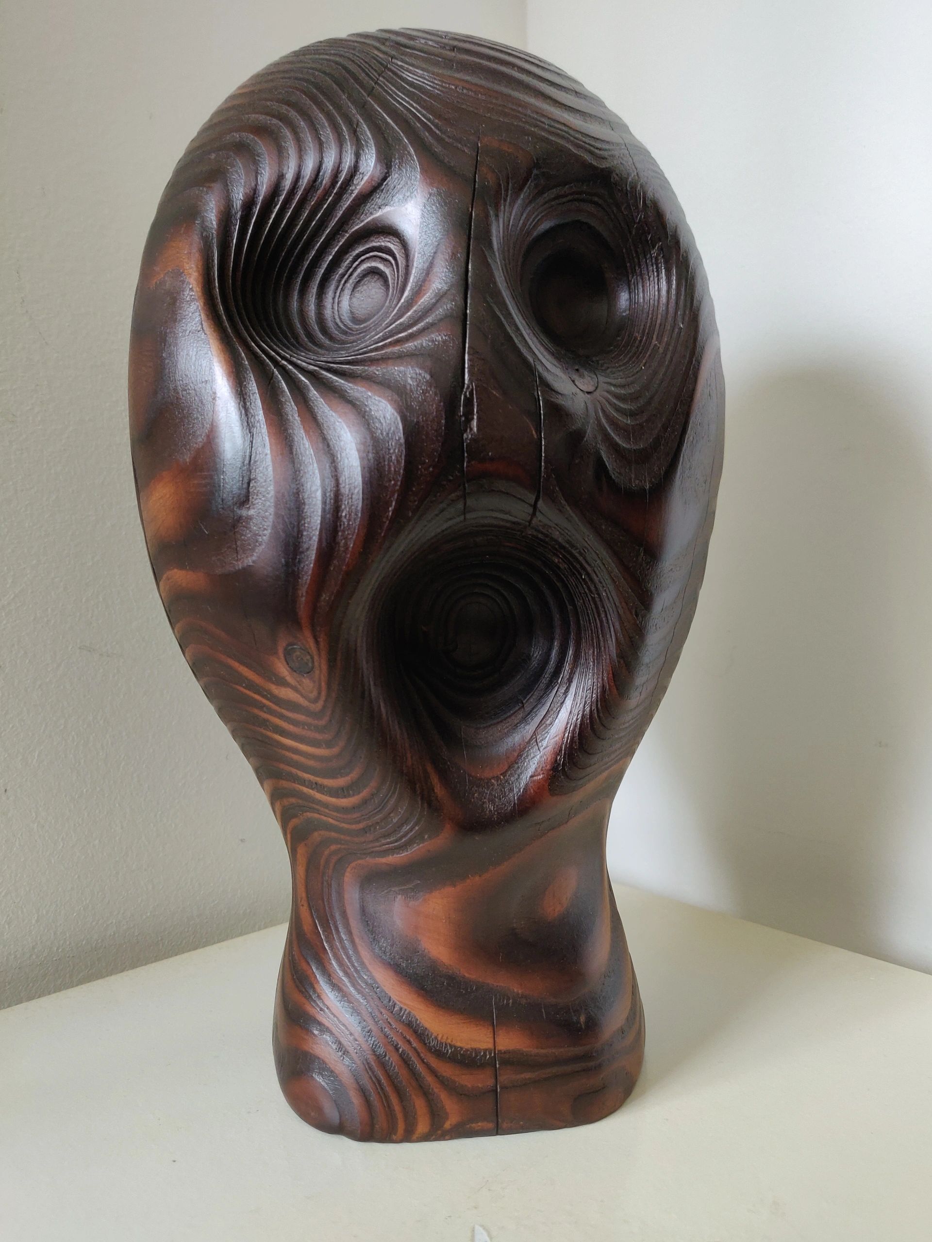 Nina, wooden head, mams gallery, Swindon art gallery, art exhibition, sculpture, Eastcott studios