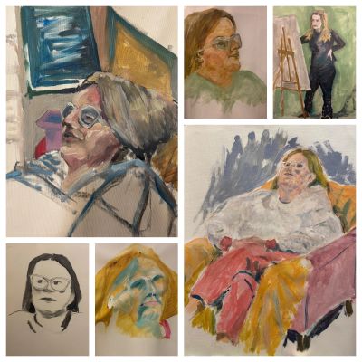 Collage of expressive portrait paintings in various styles and poses.