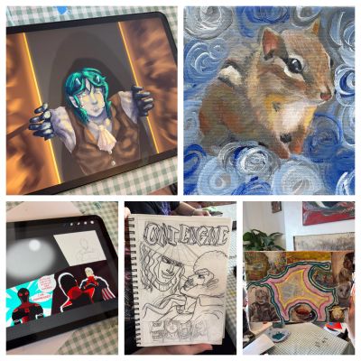Various digital and traditional artworks including portraits and abstract designs.
