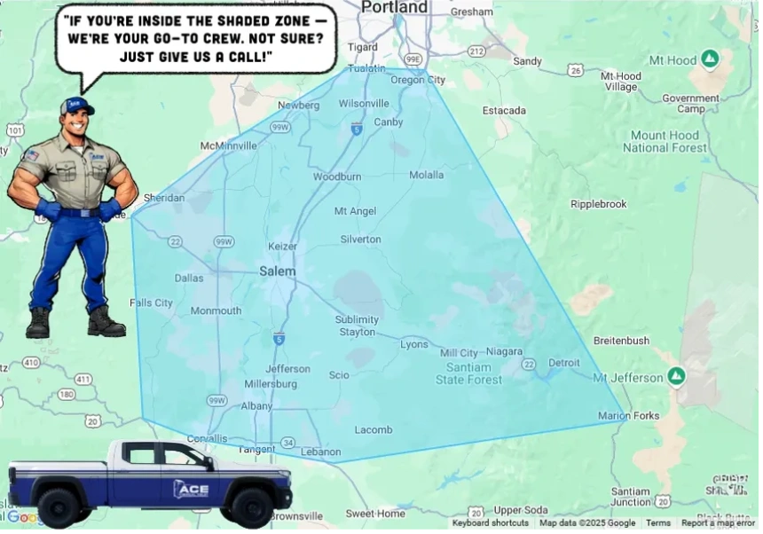 Map showing Ace Chemical Toilet’s service areas in Salem, Albany, Woodburn, Wilsonville, and nearby.