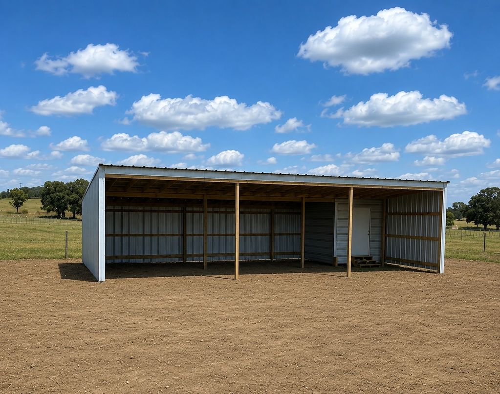 Metal shed structure on a dirt field under a bright blue sky.