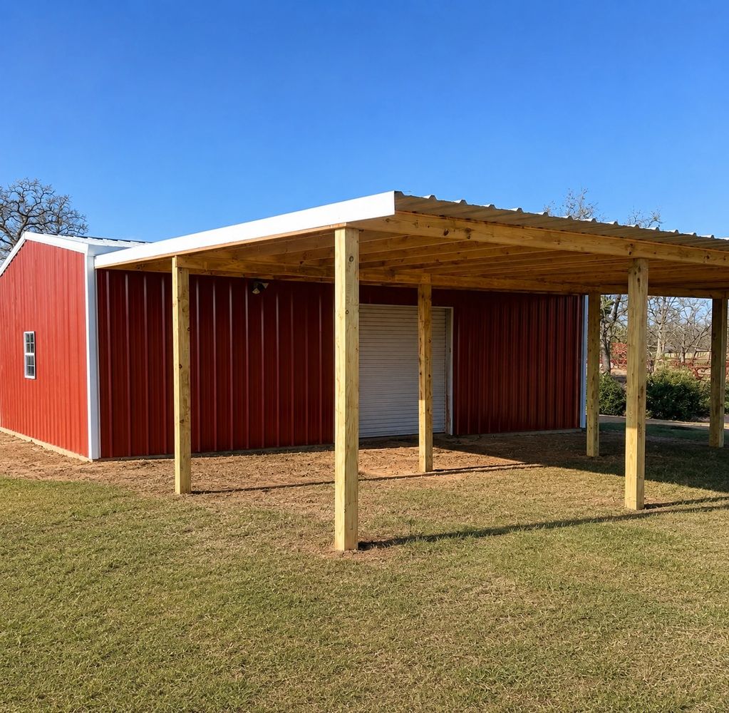 Red barn with a wooden awning on a sunny day.