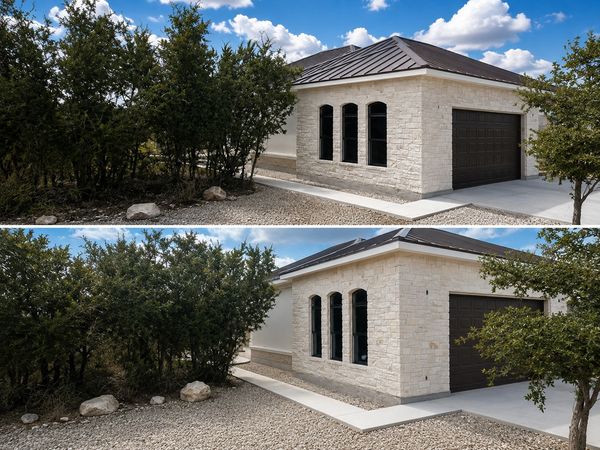 Concrete sidewalks link front door the side garage and driveway.