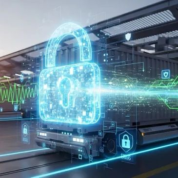 Digital lock symbolizing cybersecurity for a truck in a futuristic setting.