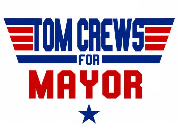 Tom Crews for Mayor campaign logo in red and blue.