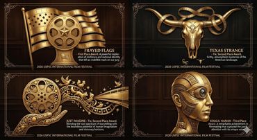 The 2026 USPSC International Film Festival graphic is in gold and blue for winners.