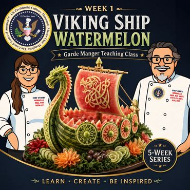 A picture of a Viking ship made out of a watermelon with the chefs.