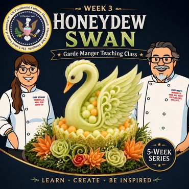 A honeydew swan picture and fruit bowl with the chefs.