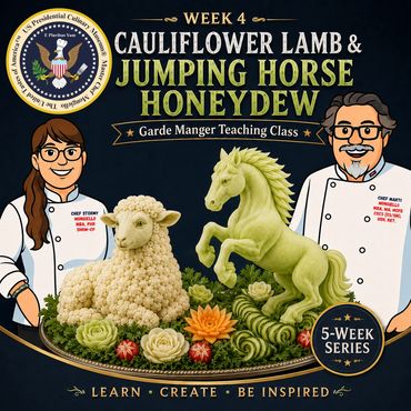A lamb made out of cauliflower and cantaloupe horse display platter with the chefs.