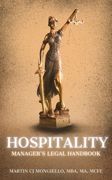 A Hospitality Managers Legal Handbook is shown with a statue of JUSTICE holding scales and a sword.