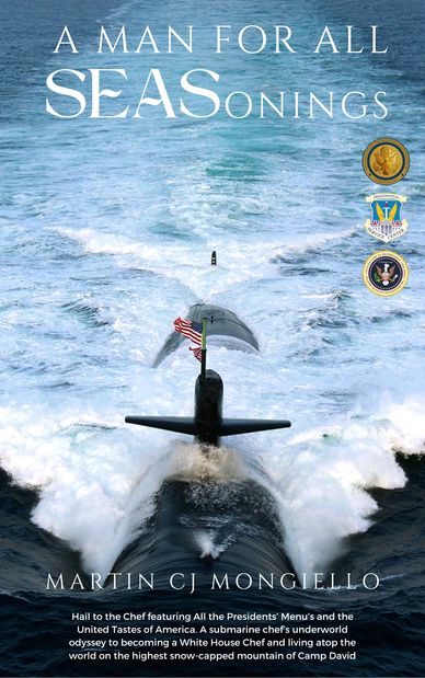 A submarine is featured on the front cover of A MAN FOR ALL SEASONINGS book by Marti Mongiello.