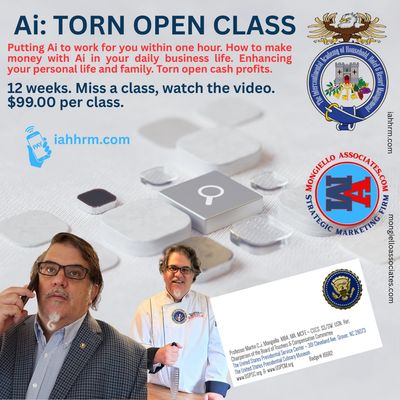 Marti Mongiello is shown with a black phone in his hand, talking about Ai classes he holds.