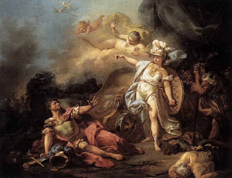 Goddess Athens battles with God Ares in a painting.