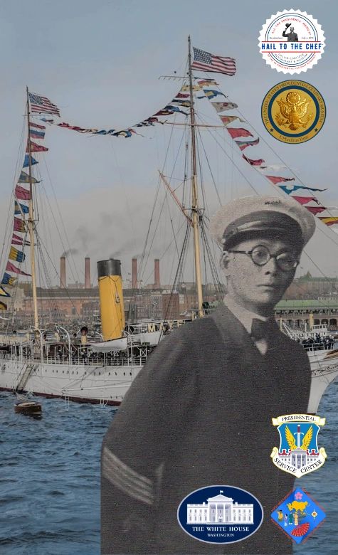 Chinese American Chef Lee Ping Quan is shown in his Navy uniform with the USS Mayflower.