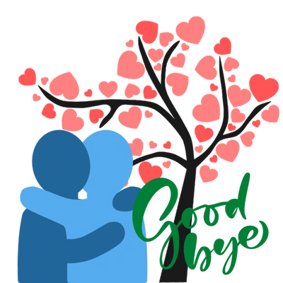 The Goodbye I Love You show graaphic featuring hugs and hearts.