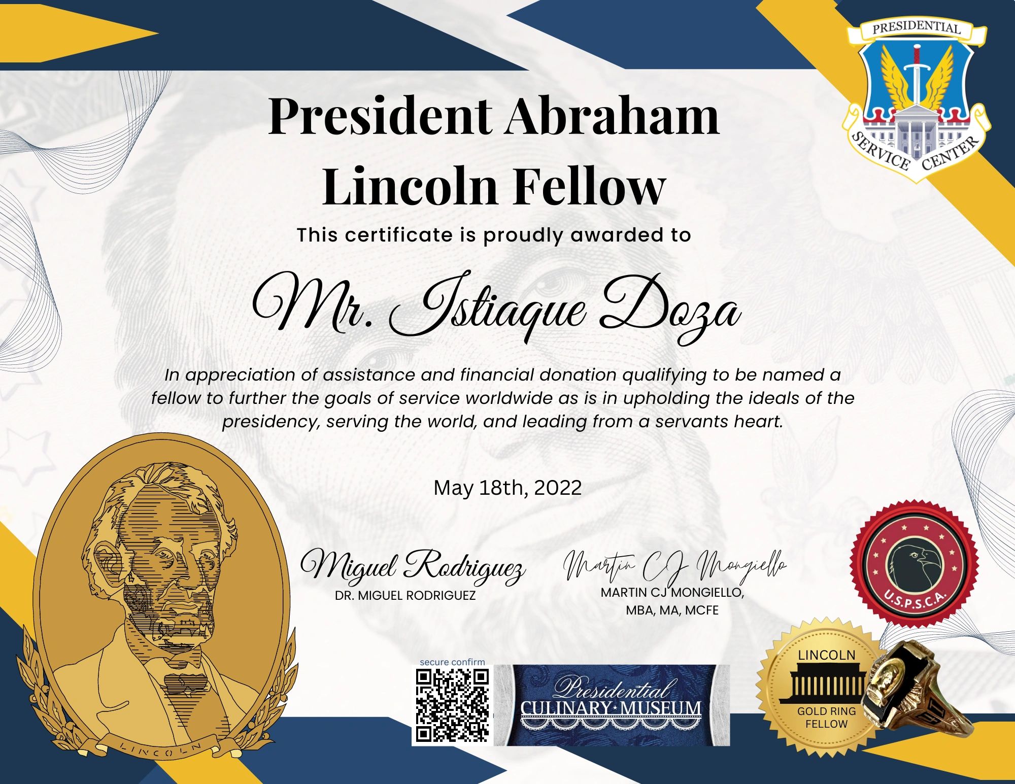 A graphic in blue and yellow featuring President Lincoln on an award certificate.