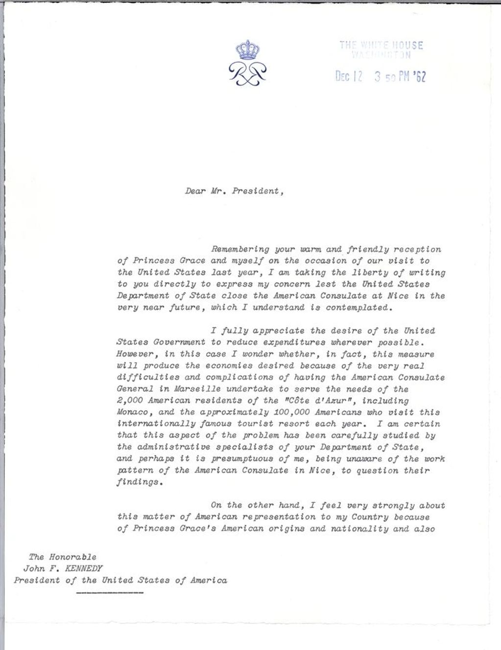 The secretive and private letter sent by Prince Ranier to the President.