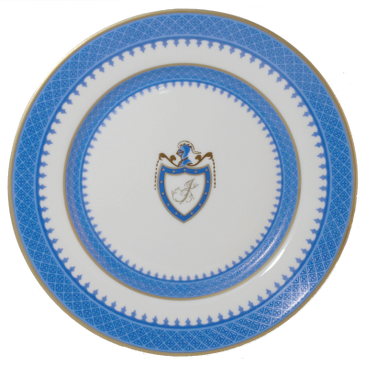 The Thomas jefferson china dinner plate in popular blue and white with gold monogram "J".