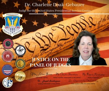 A photograph of Judge Charlene Doak-Gebauer in a black robe on a patriotic certificate from America.