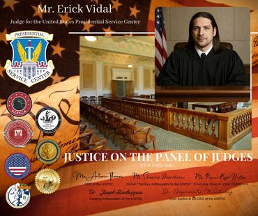 Mr. Erick Vidal, as a judge in his black robe with a gavel in hand.