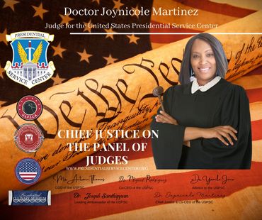 A photograph of Chief Justice Martinez in black robe on a patriotic certificate from America with fl