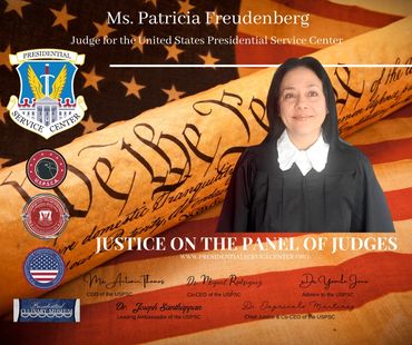 A photograph of judge Freudenberg in black robe on a patriotic certificate from America with flag.