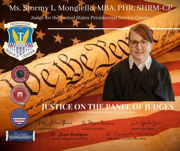 A photograph of Justice Mongiello in black robe on a patriotic certificate from America with flag.