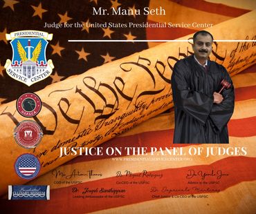 A photograph of Judge Manu Seth in his black robe on a patriotic certificate from America.