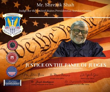 A photograph of Judge Shrenik Shah in his robe on a patriotic certificate from America with flag.