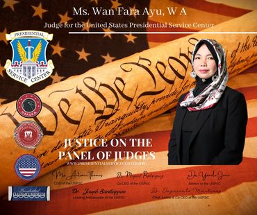 A photograph of Justice Wan in black robe on a patriotic certificate from America with flag.