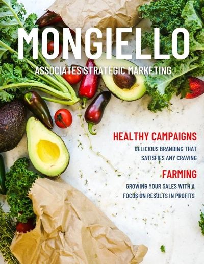 A Mongiello Associates Strategic Marketing brochure is shown with fresh food on the front.