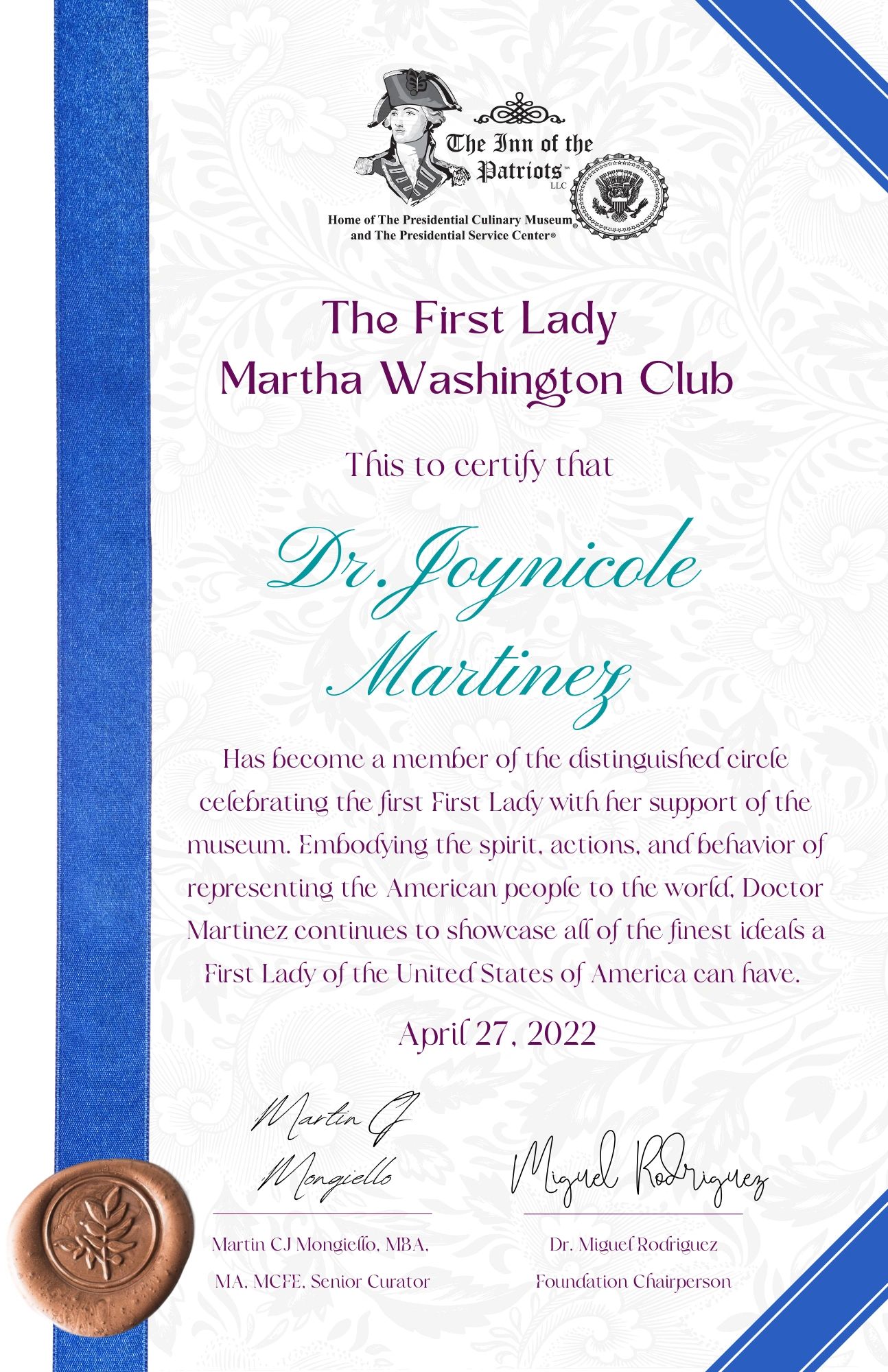 A certificate is shown for Dr. Joynicole Martinez.