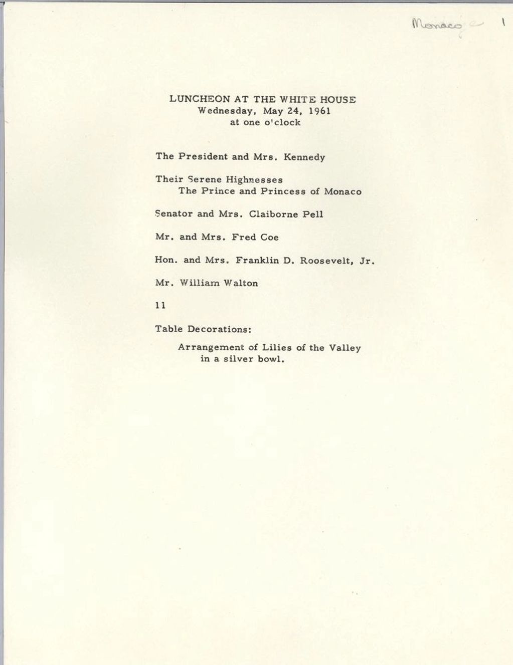 The White House May 24, 1961 luncheon menu.