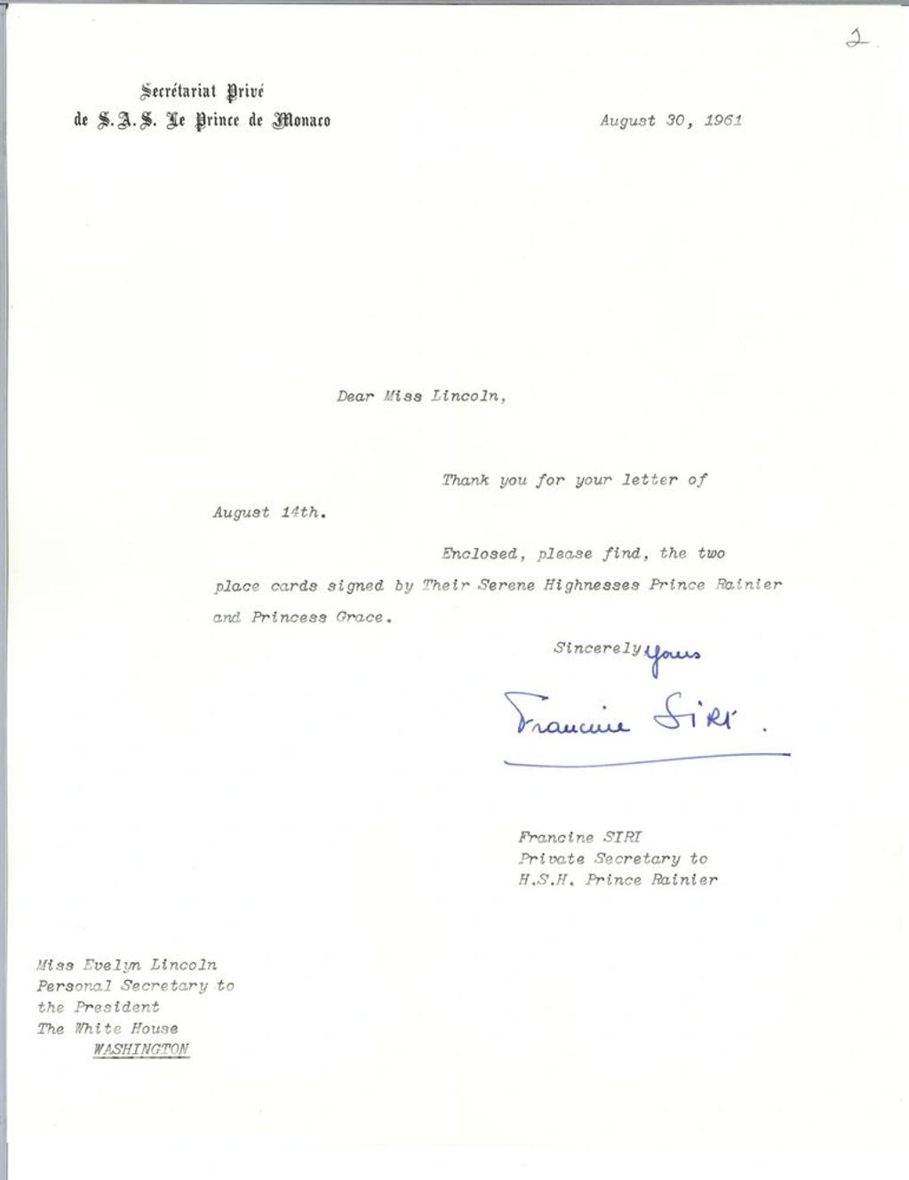 A letter from Prince Ranier's Private Secretary to President Kennedy.