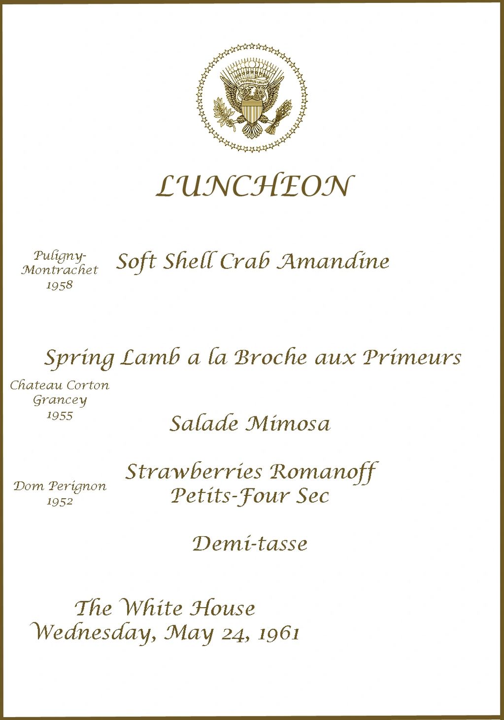 The White House luncheon menu for May 24, 1961.