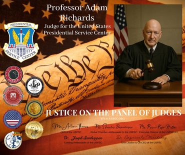 Professor Adam Richards as a judge in his black robe with a gavel in hand.