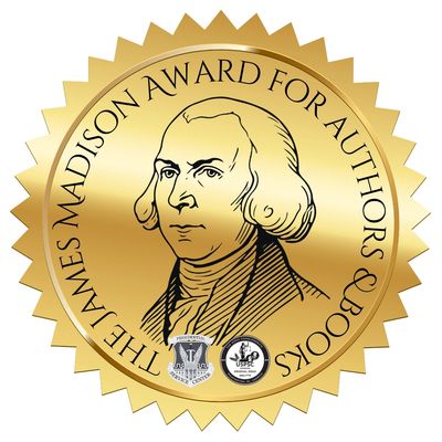 A gold seal featuring James Madison and the award for authors and books.