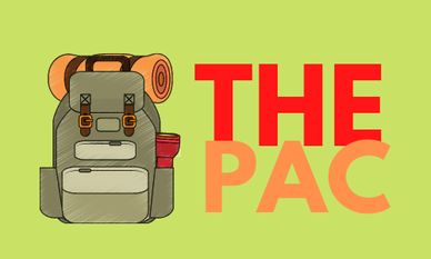 A backpack is featured on a green background for a Political Action Committee TV show called THE PAC