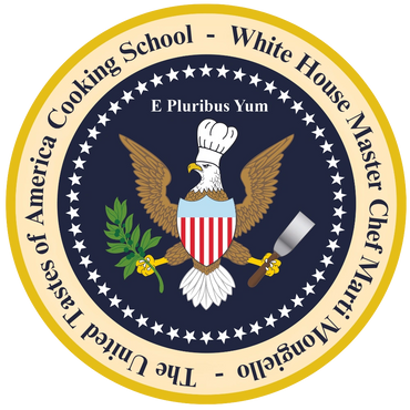 The United Tastes of America Cooking School logo with White House Master Chef Marti Mongiello.
