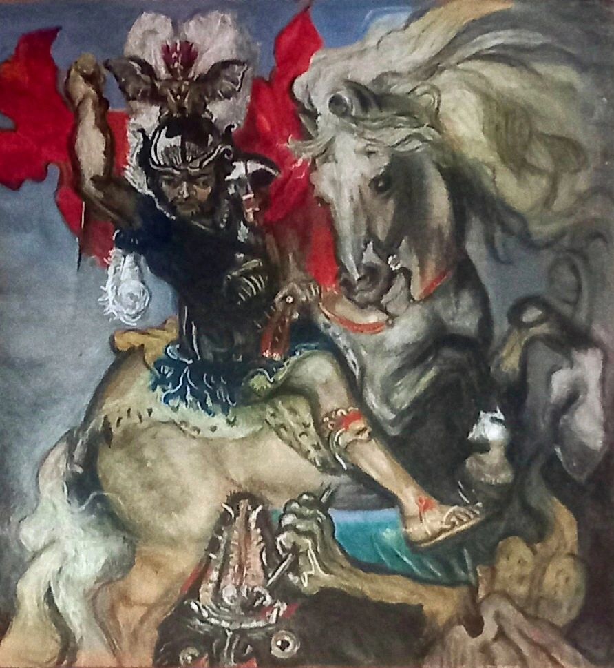 Oil on paper study of Rubens Saint George by artist JJ Soames