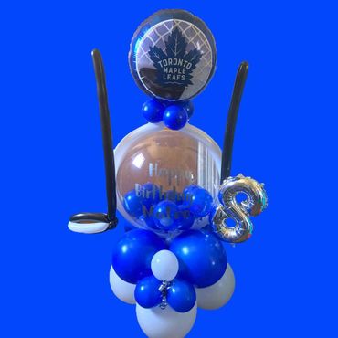 Toronto Maple Leaf balloon arrangement in white, blue, black and silver colors.