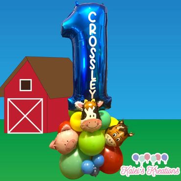 This adorable personalized arrangement is detailed with various different farm animals.