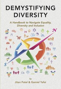 Book cover titled 'Demystifying Diversity' with a colorful compass and diversity symbols.