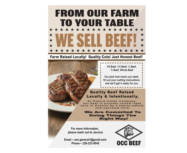 Advertisement for locally raised beef with various cut options and contact info for OCC Beef.