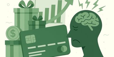 gift box credit card sad face with brain showing stress