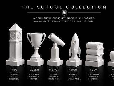 Sculptural chess set inspired by learning, with pieces symbolizing leadership, creativity, wisdom, courage, foundation, and community.