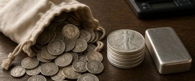 Coins spilling from cloth bag with stacked coins and silver bar.
