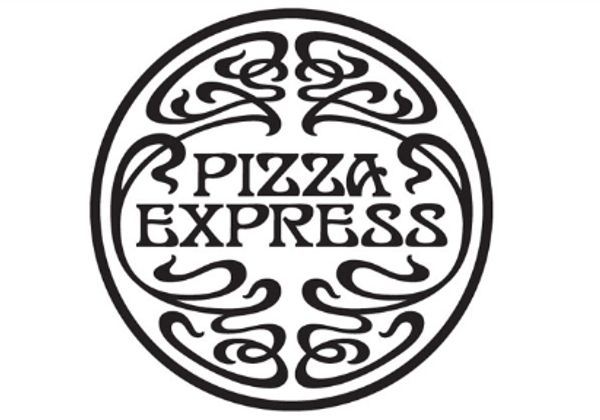 Black and white Pizza Express logo with decorative design.